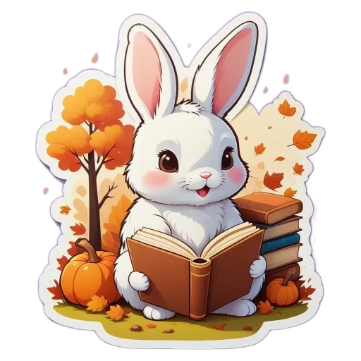 A rabbit that is reading a book in the outdoors.