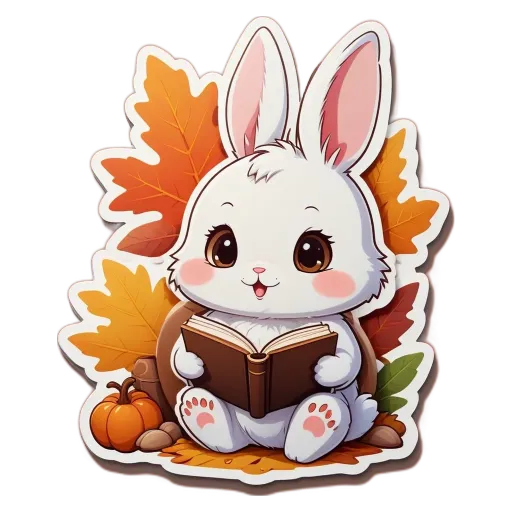 A rabbit reading a book with autumn leaves around it.