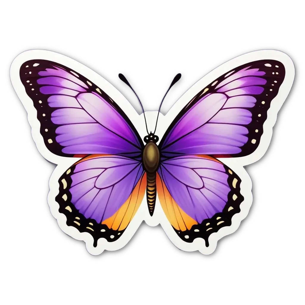 A purple and orange butterfly sticker on a black background.