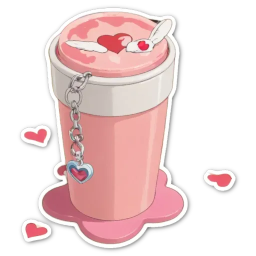 A heart shape is hanging from the top of a pink cup.