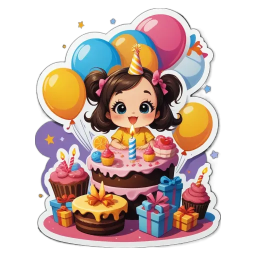 A girl is sitting in front of a birthday cake with presents.