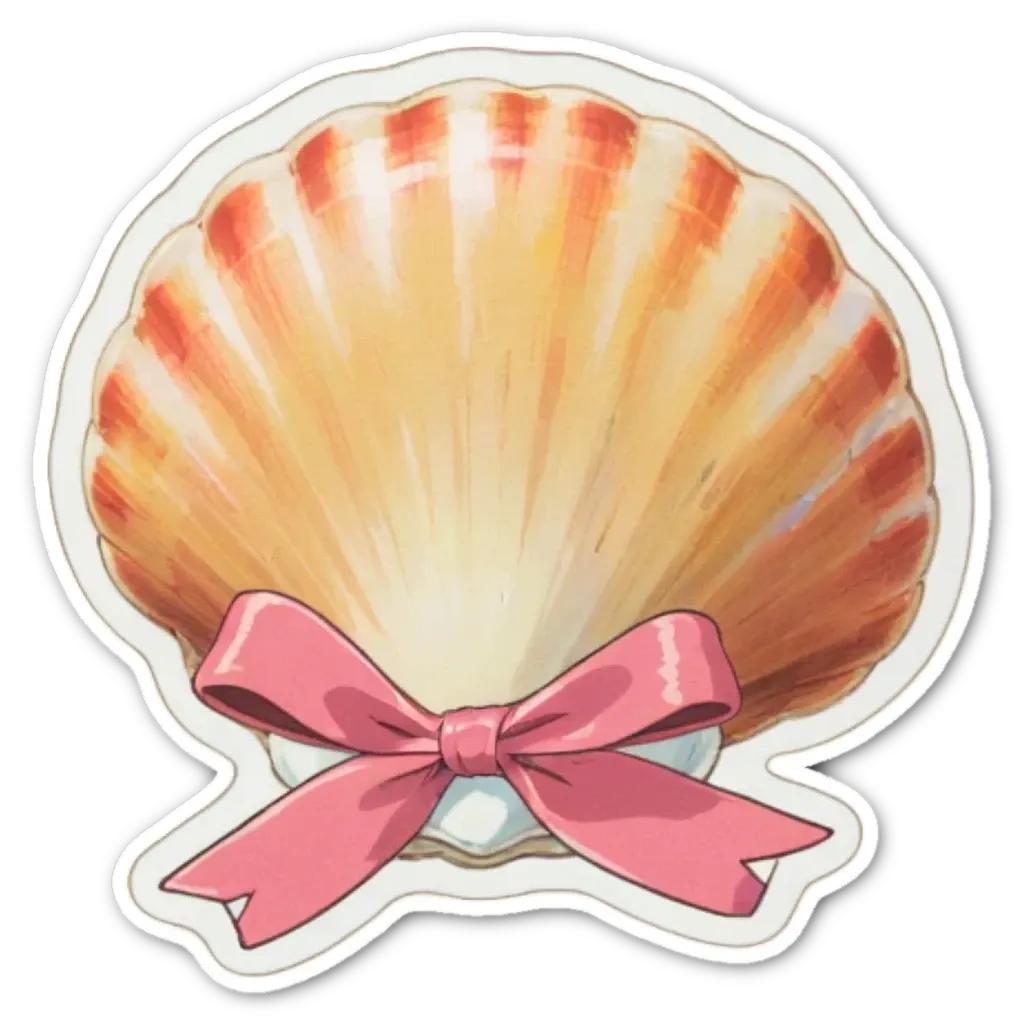 A shell with a pink bow on it is shown.