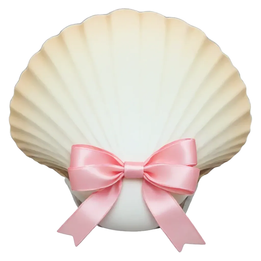 A shell with a pink ribbon on it.