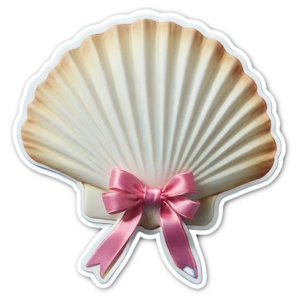 A white and pink ribbon shell with a bow on it.