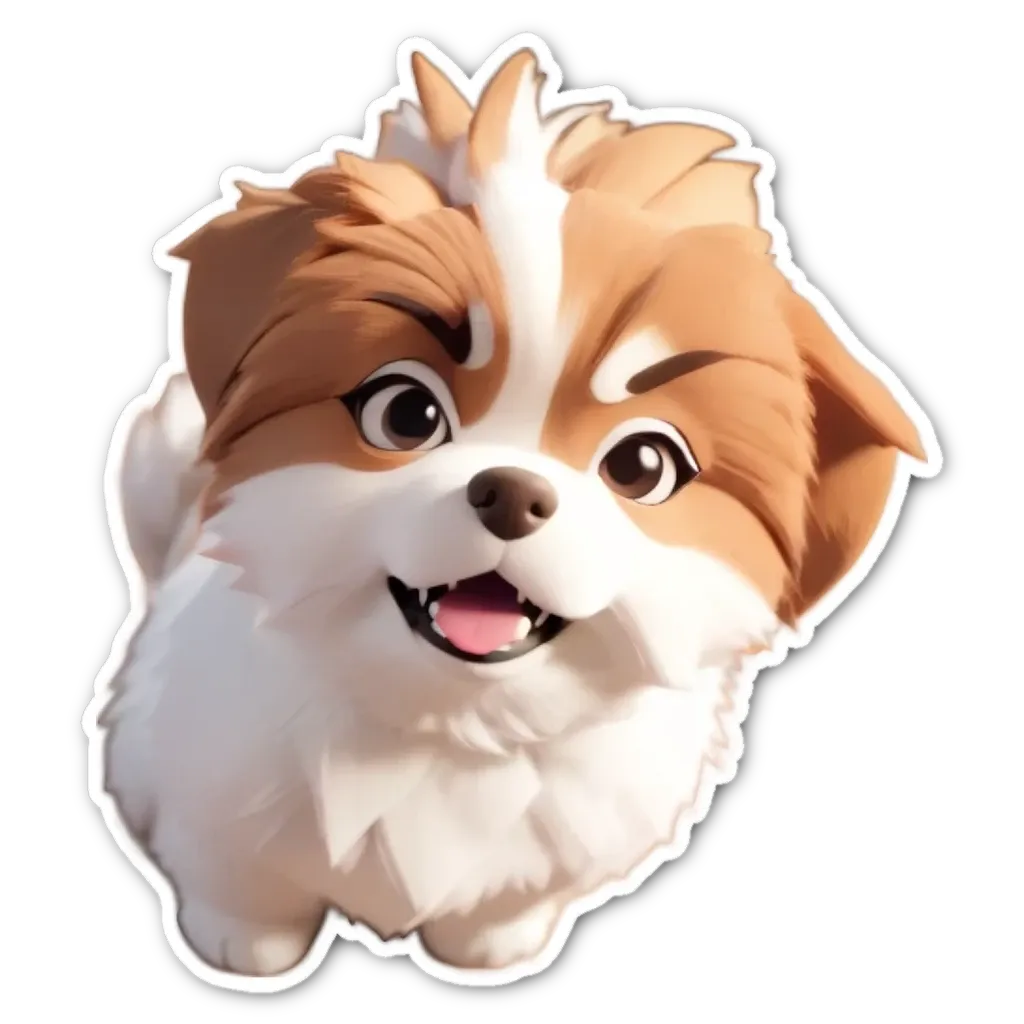 A brown and white dog sticker is on a black background.