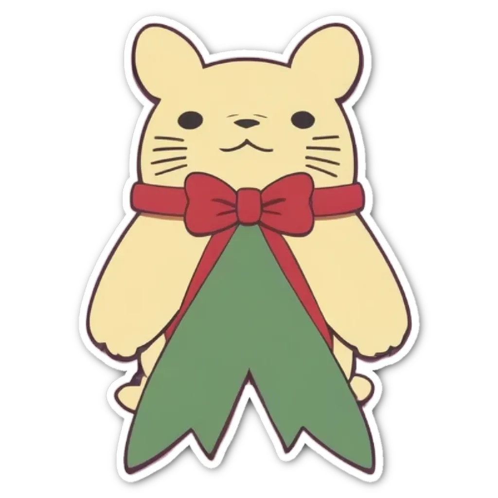 A white and green sticker of a cat wearing a red bow.