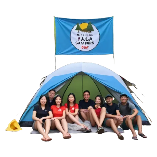 A group of people sitting inside of a tent.