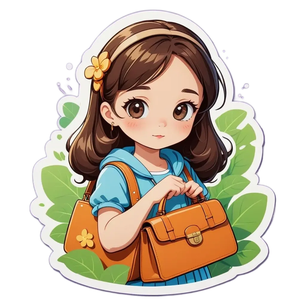 A girl with a floral purse on in the cartoon style.