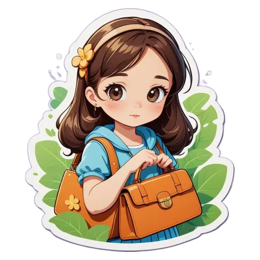 A girl with a floral purse on in the cartoon style.