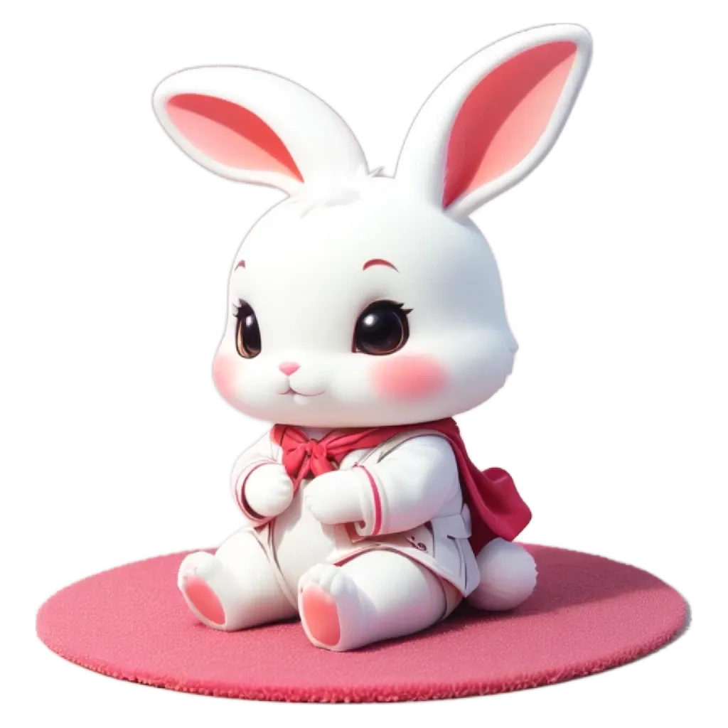 A white rabbit with a red bow on its back is sitting on a pink mat.