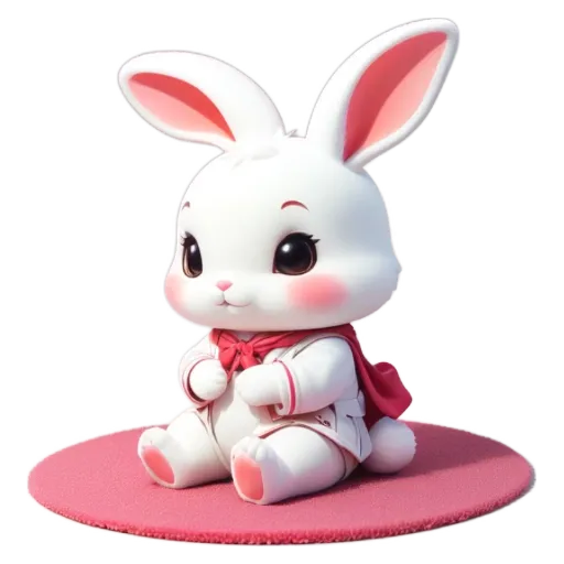 A white rabbit with a red bow on its back is sitting on a pink mat.