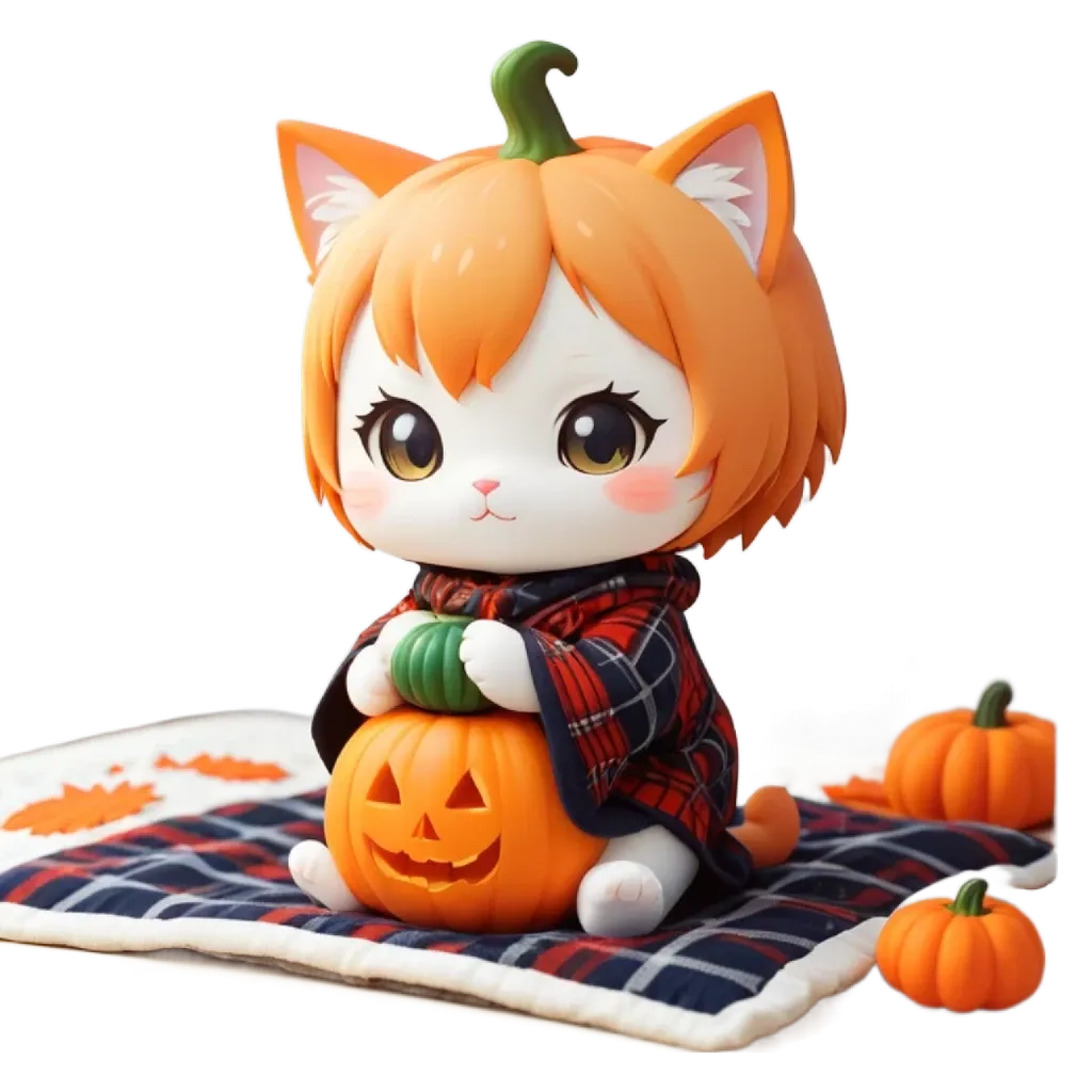 A cat is sitting on a blanket with a pumpkin between its legs.