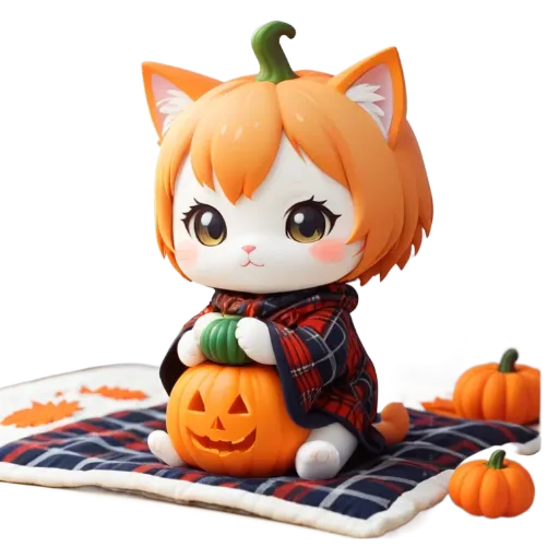 A cat is sitting on a blanket with a pumpkin between its legs.