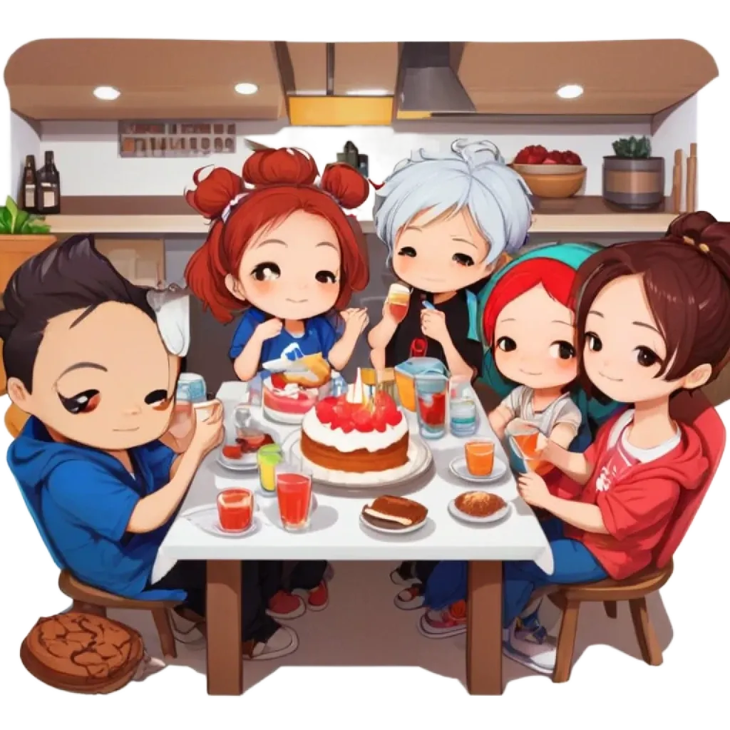 5 people sitting around a table with cake and drinks.