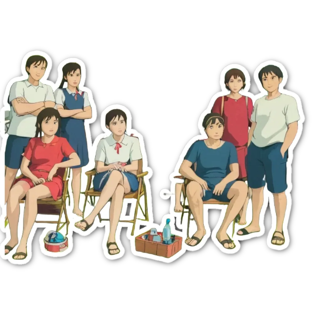 A group of boys and girls sitting and standing in front of a water bottle.