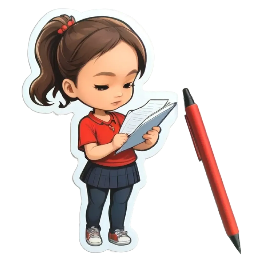 A girl reading a book with a red pen.