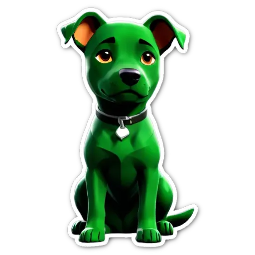 A green dog sitting on a black background.