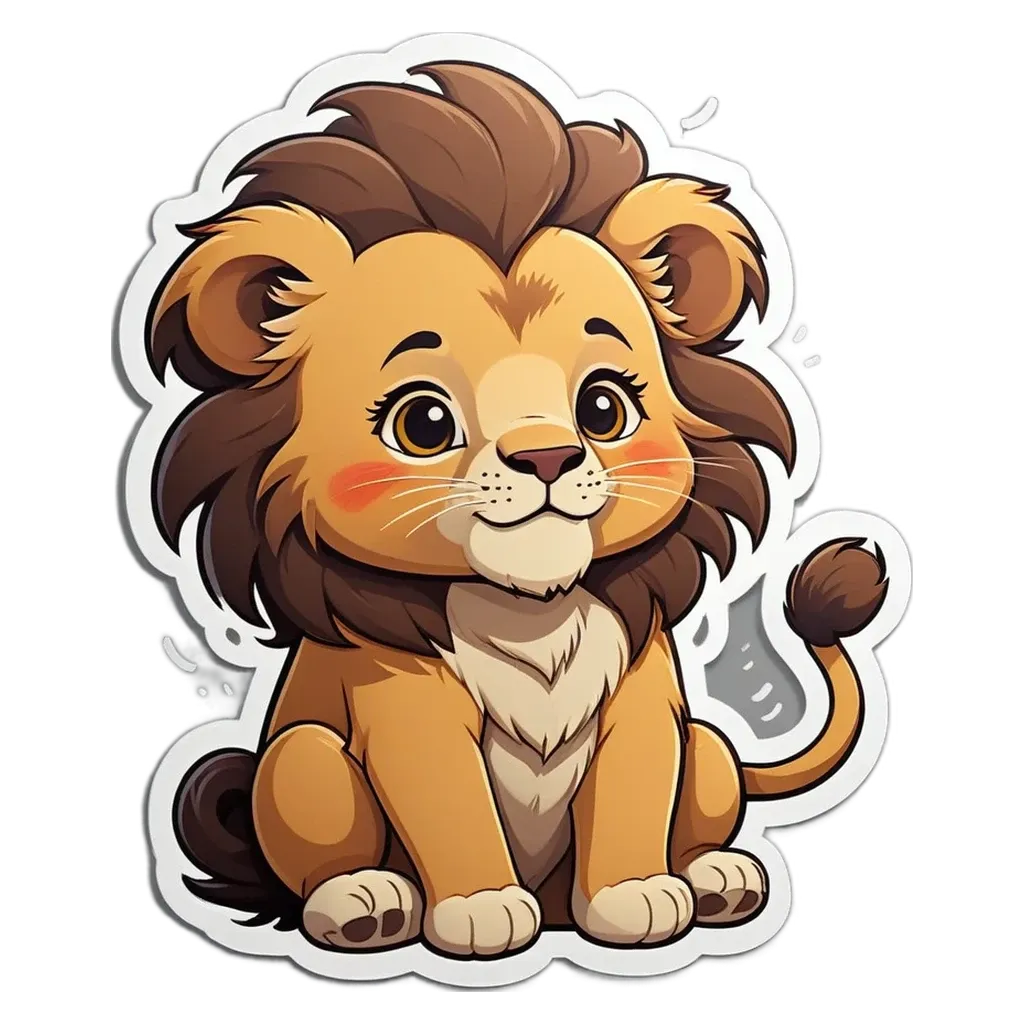 A lion with a smile on its face and a sticker on its chest.