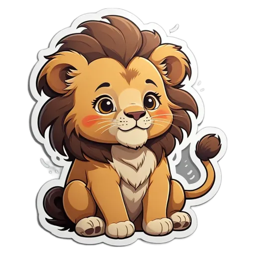 A lion with a smile on its face and a sticker on its chest.