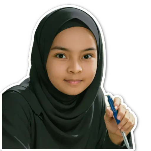 A young girl wearing a head scarf is holding a pen.