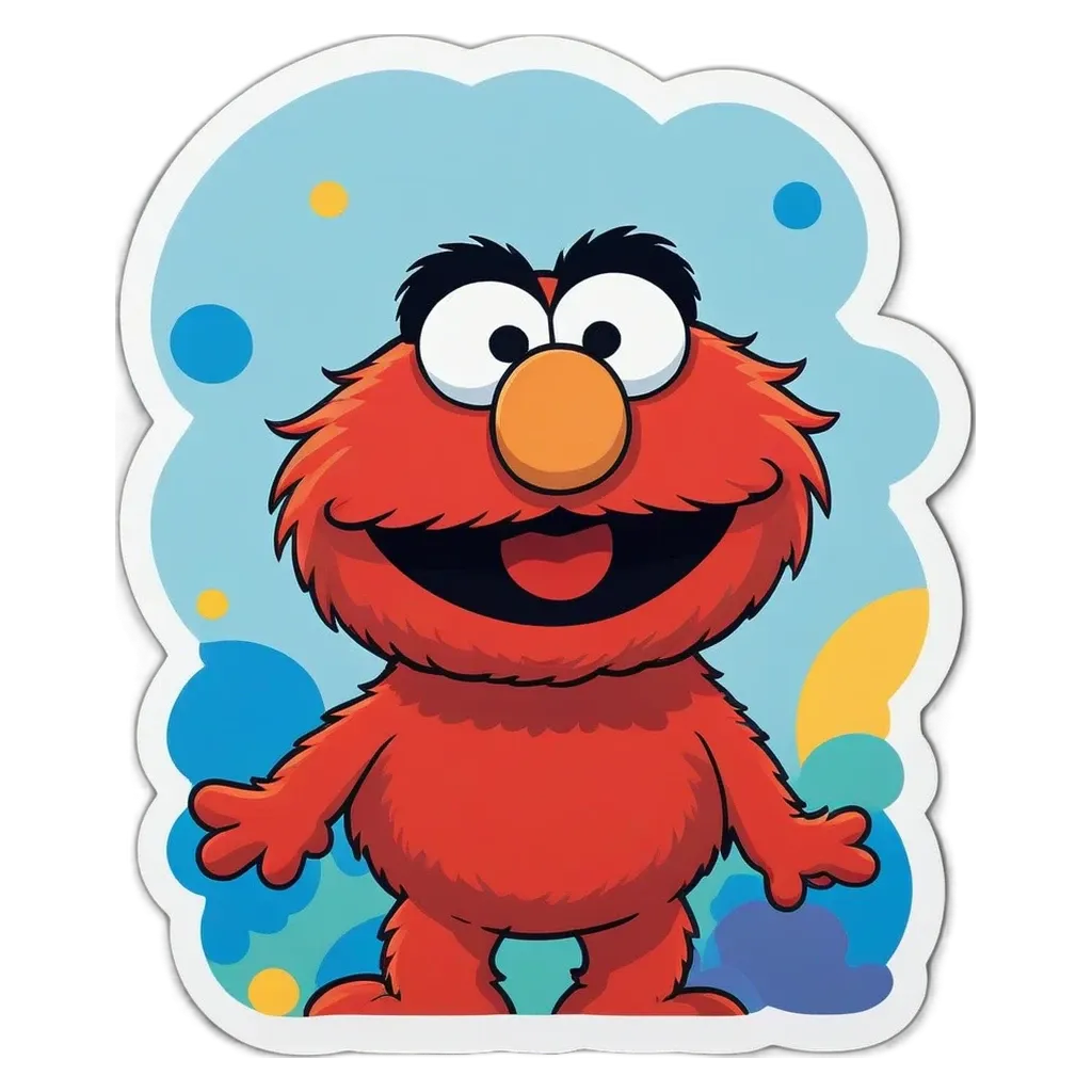 A red and blue cartoon character named Elmo is standing up.