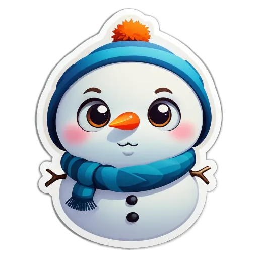 A snowman with a blue scarf is looking at the camera.