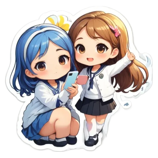 Two girls wearing school uniforms and holding a cell phone.