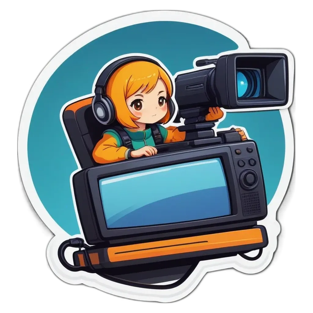 A girl is controlling a video camera that is part of a cartoon character.