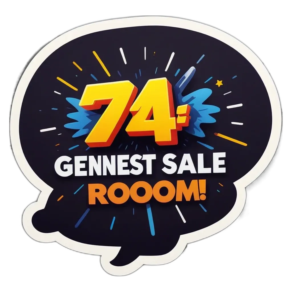 A sticker that says74 Genest Sale Room with a speech bubble!.