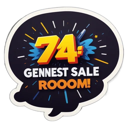 A sticker that says74 Genest Sale Room with a speech bubble!.