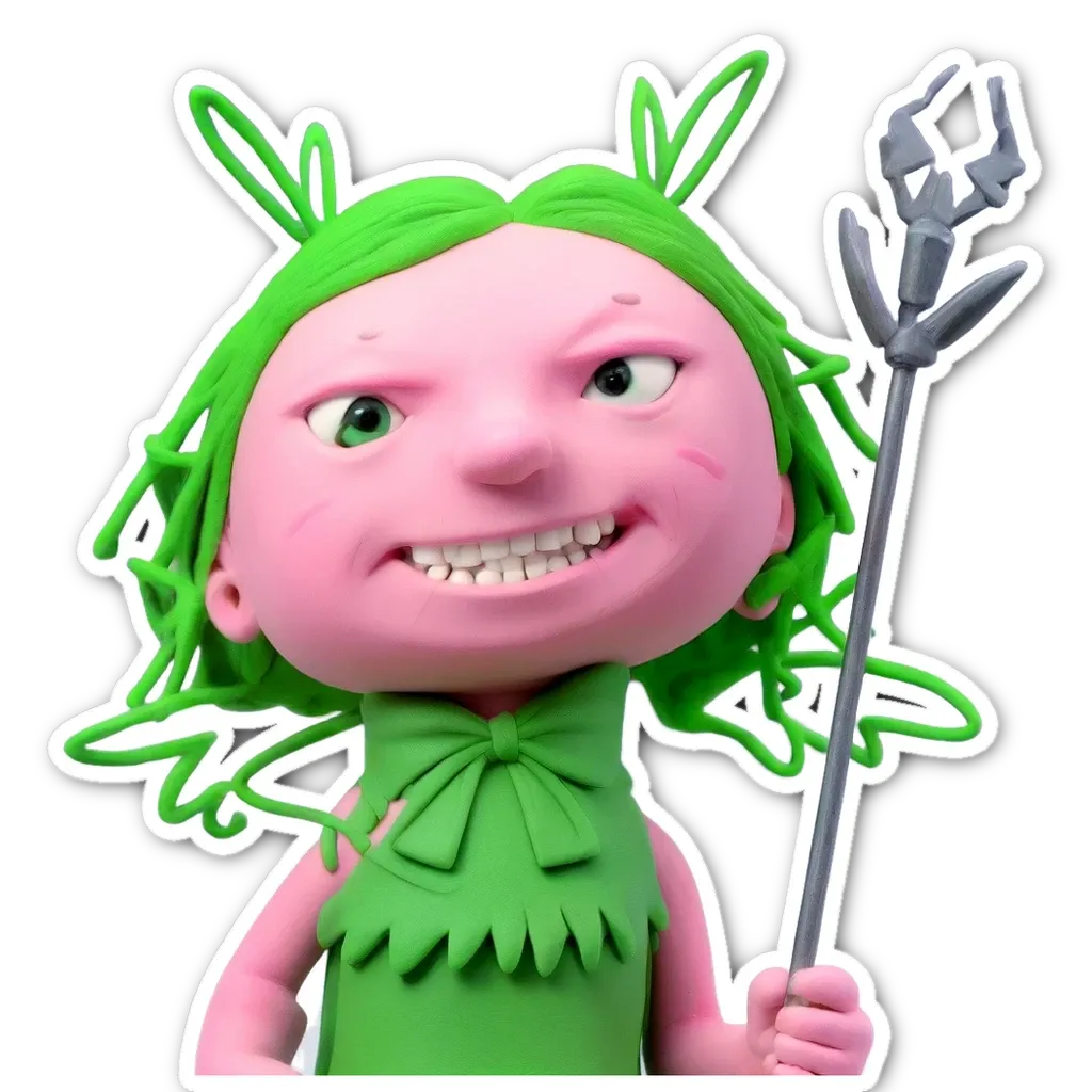 A child wearing a green dress with a bow and holding a stick.