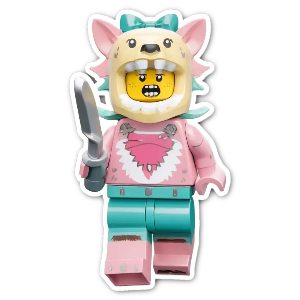 A lego person holding a knife with a fake wound.