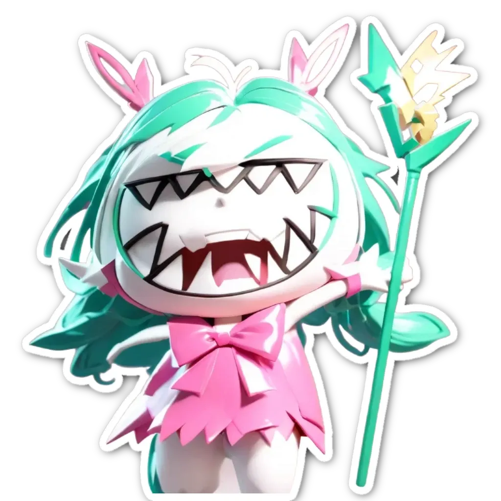 A white and green character with big teeth is holding a stick.