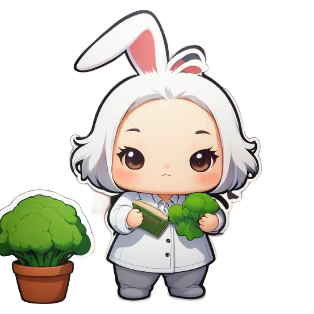 A bunny is holding a book of vegetables and a plant.