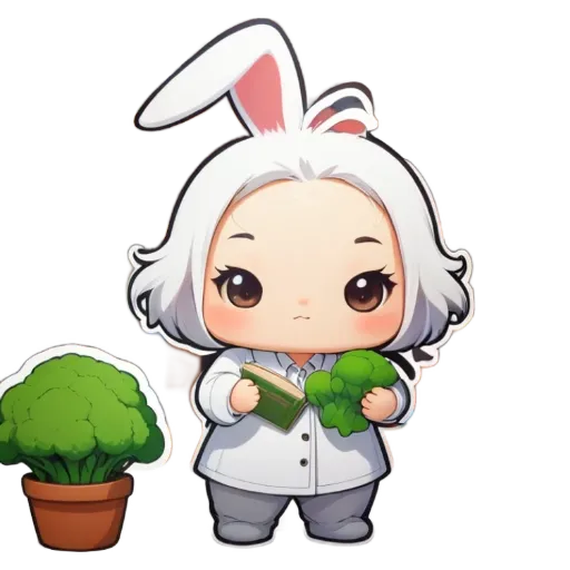 A bunny is holding a book of vegetables and a plant.