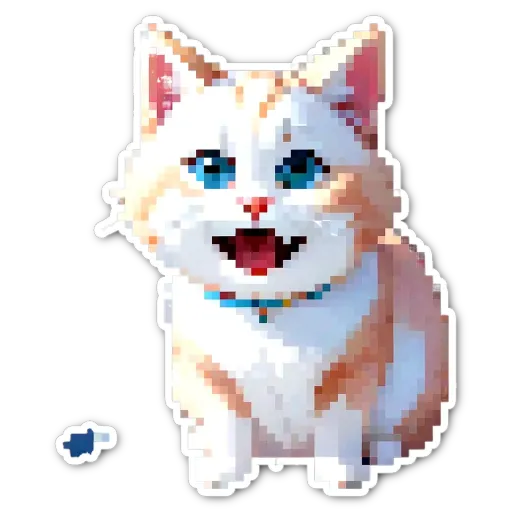 A cat sticker has a blue collar around its neck.