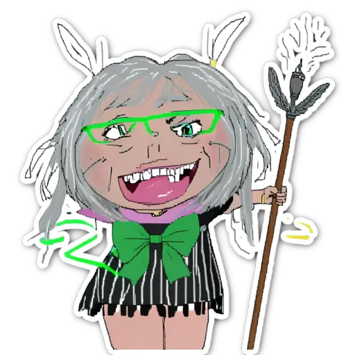 A happy grumpy woman with glasses holding a staff.