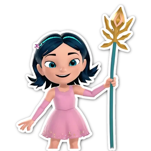 A girl holding a wand in a pink dress.