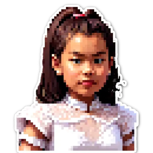 A girl wearing a white dress in a pixelated sticker.