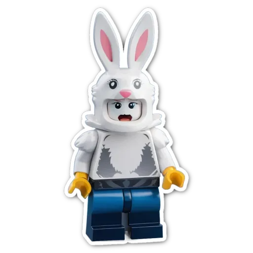 A white and gray lego person dressed as a bunny.