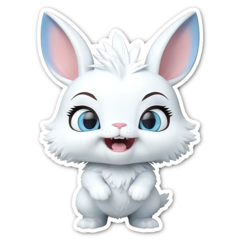 A white rabbit with blue eyes and a pink nose.