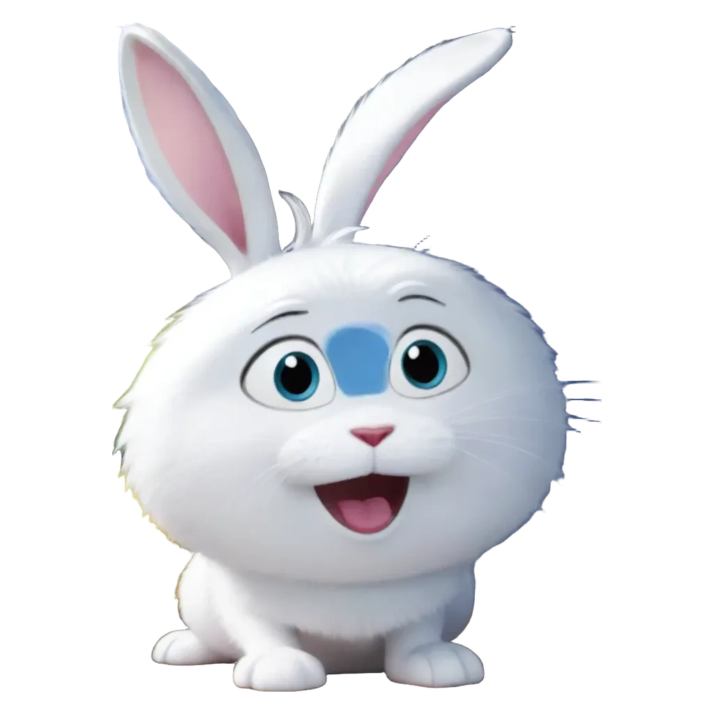 A bunny character from a children's movie that is white with blue eyes.