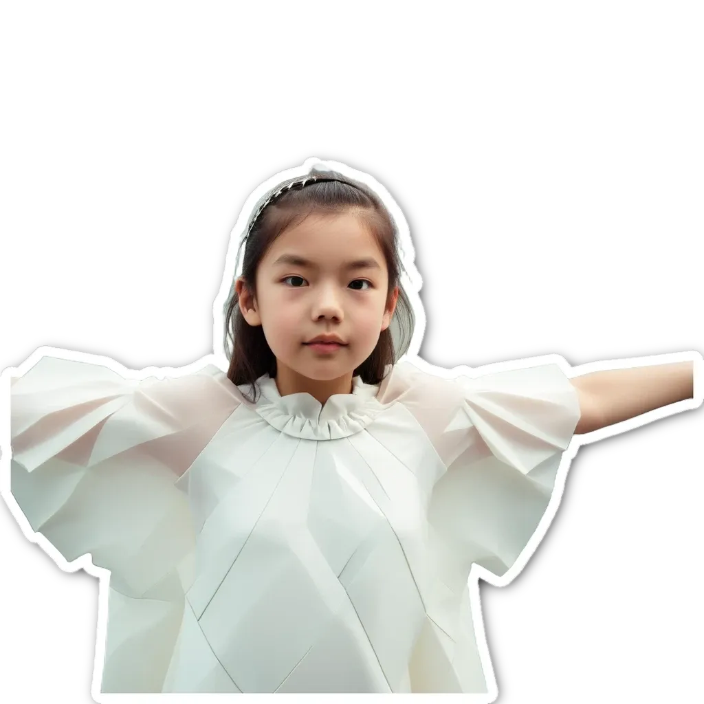 A child wearing a white dress has her arm extended.