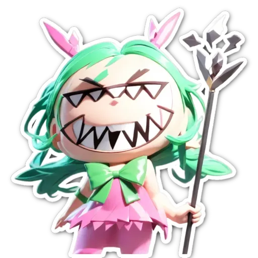 A girl with teeth is holding a stick in her right hand.