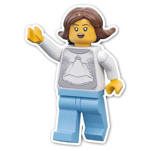 A lego girl who is wearing a white and gray shirt.