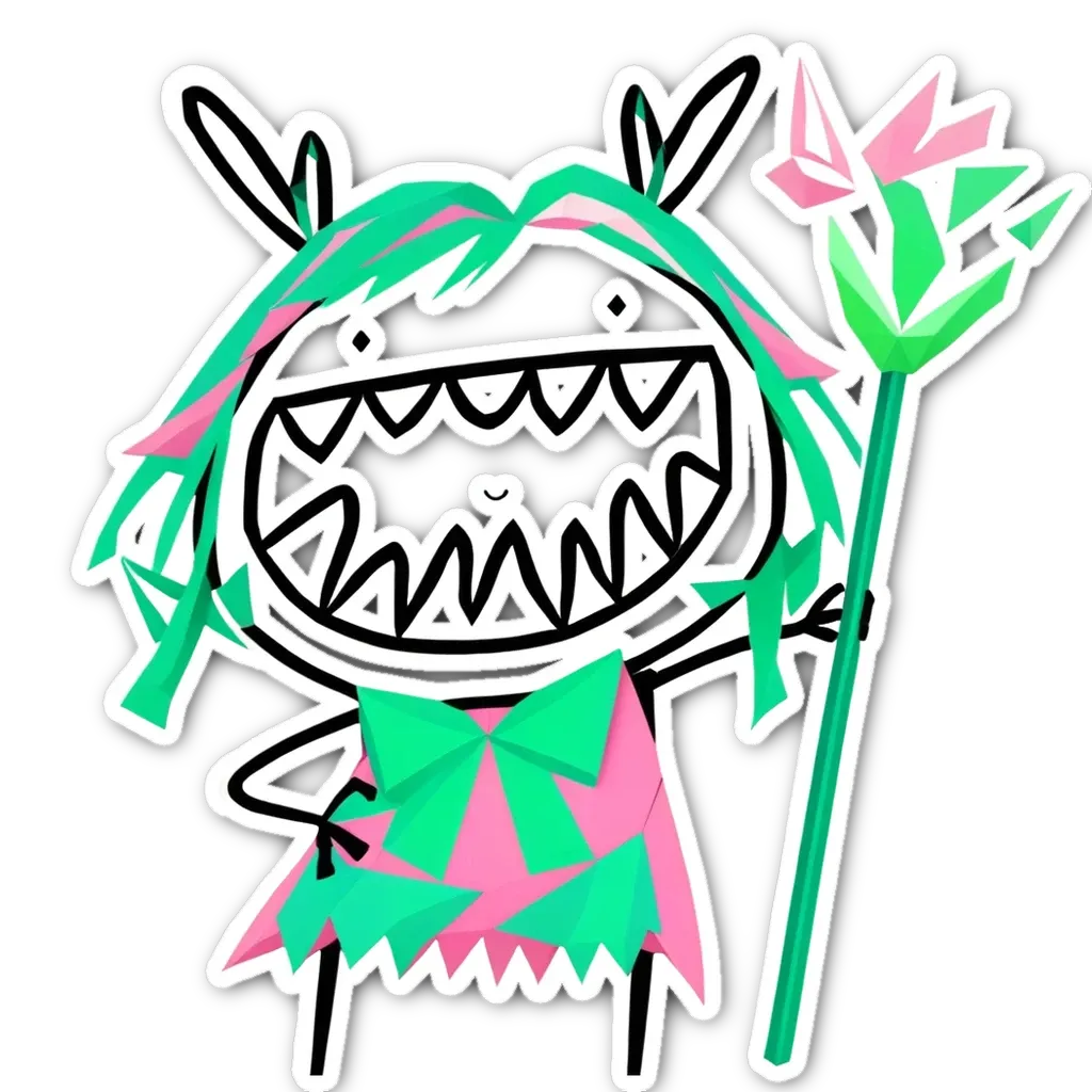 A black and white picture of a girl with a big smile and green and pink clothing holding a stick.