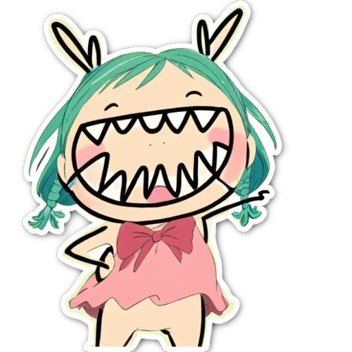 A sticker of a girl with big teeth and a pink dress.