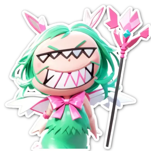 A green colored girl with a pink bow on her head holding a staff.