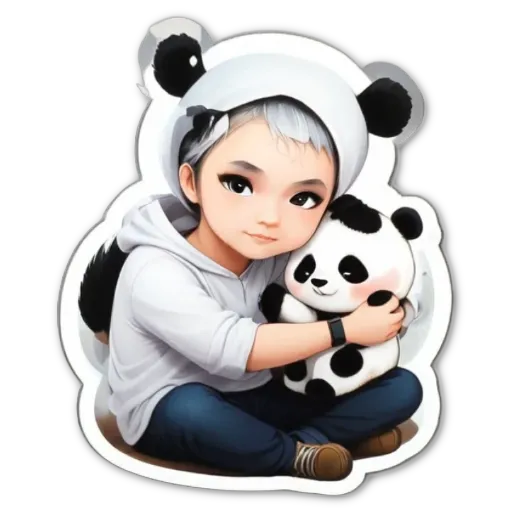 A boy wearing a panda costume is holding a stuffed panda.