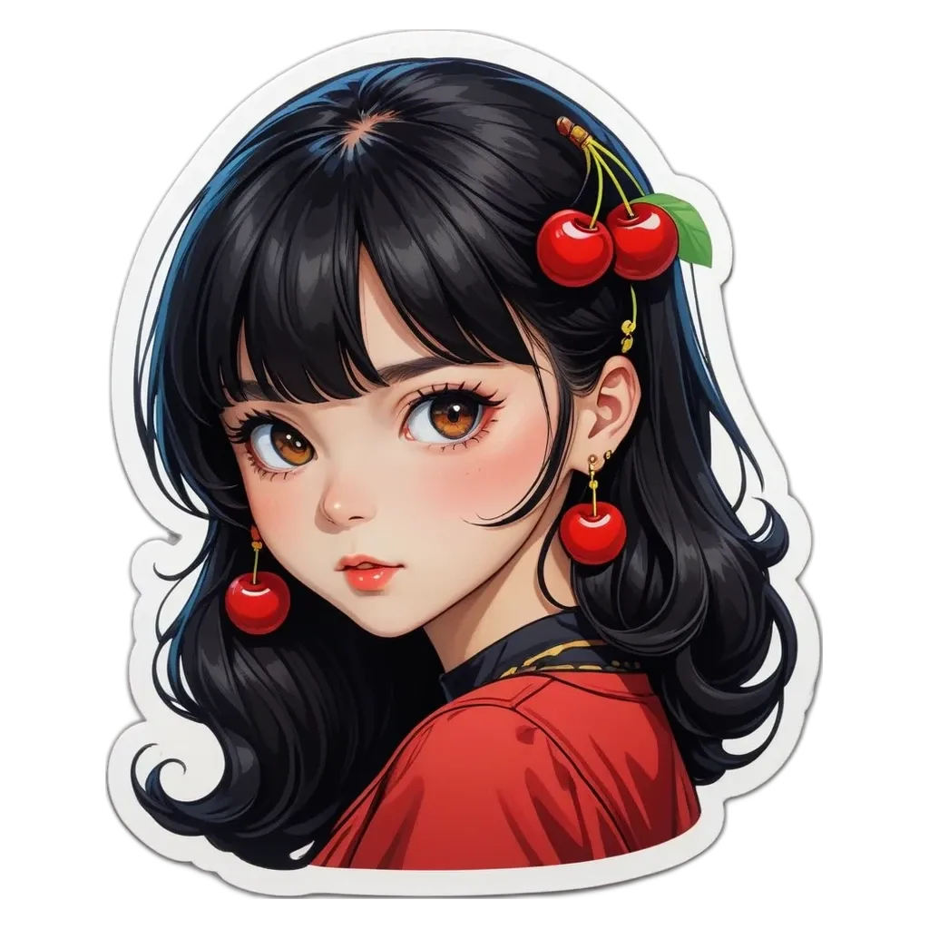 A sticker of a girl that has cherries on her head.